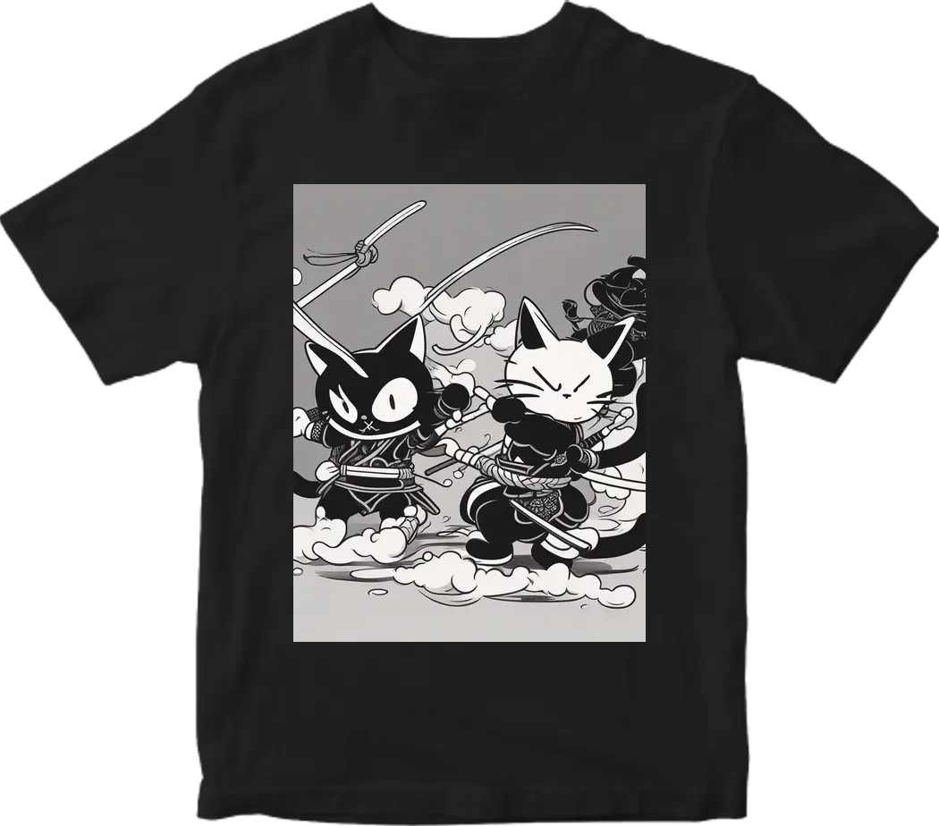 black and white cat samurai fighting with a black demon cat kaws