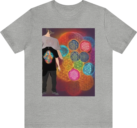 In the centre of the tshirt feature the flower of life in colour with a human stood verically threw the flower of life with a radiant light coming from the chest of the human surrounded by the 7 charakas in neon colour with the words stating consciouness