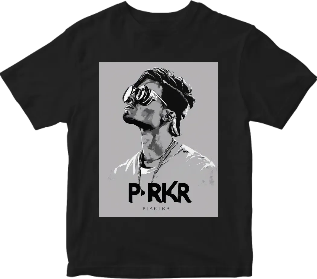 Make cool grey background tshirt with big black letters “PRKR”. Minimalistic but strong dj style
