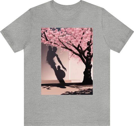 Shadow of a basketball player starring  standing in front of a cherry blossom tree