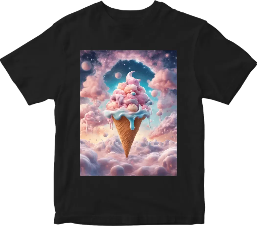 Dreamy ice cream dreamscape, surreal style, ethereal mood, soft moonlit lighting, floating scoops amidst fluffy clouds and twinkling stars. T-shirt design graphic, vector, contour, white background.