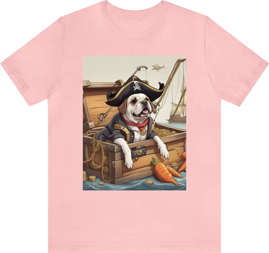 A dog dressed as a pirate, sitting on a treasure chest while fishing with a hook made out of a carrot