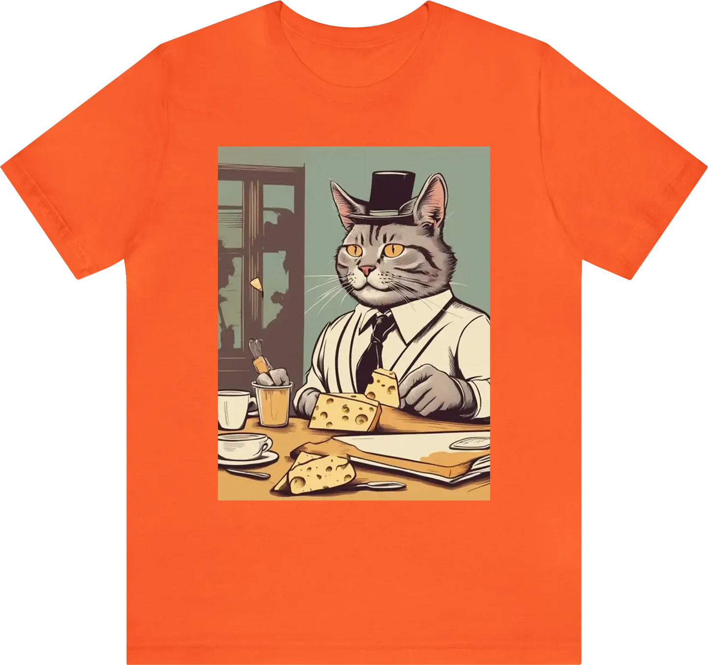 Am old businessman cat fall in love with cheese during a work meeting in retro style