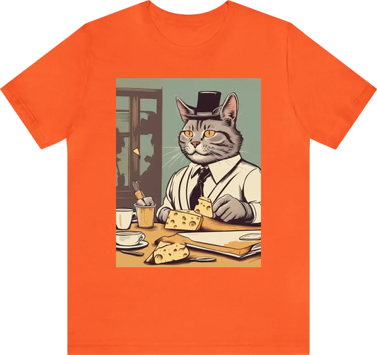 Am old businessman cat fall in love with cheese during a work meeting in retro style