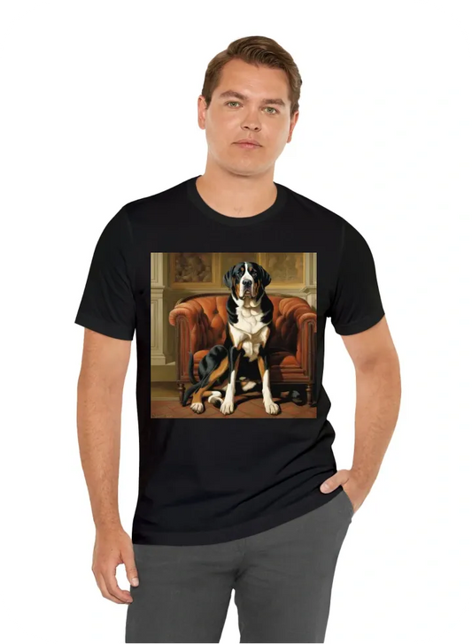 Adult great swiss mountain dog sitting in chesterfield chair