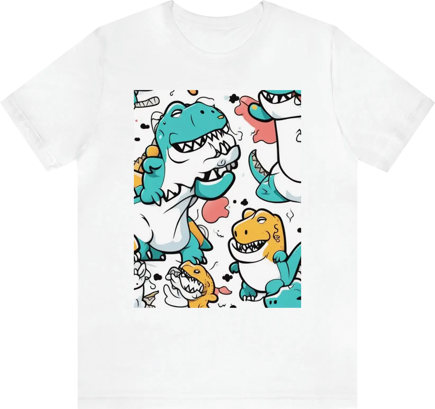 Vector art cut kawaii style with black outlines, a t-rex wearing a white t-shirt, white background.