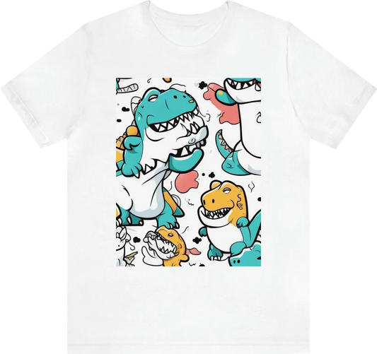 Vector art cut kawaii style with black outlines, a t-rex wearing a white t-shirt, white background.