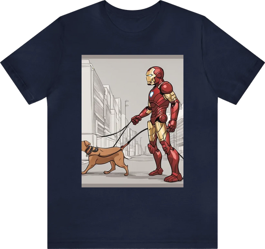 Ironman take the dog out on a leash