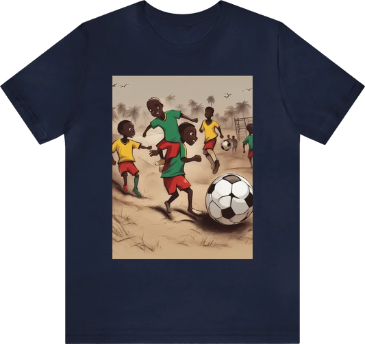 Create for me a t shirt with kids playing soccer in the trenches of Jamaica