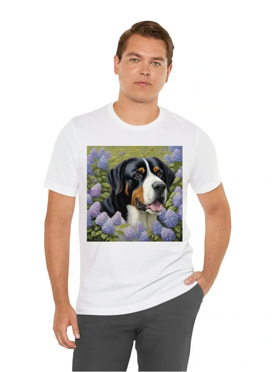 Adult great swiss mountain dog head portret in garden with lavender and hydrangea flowers