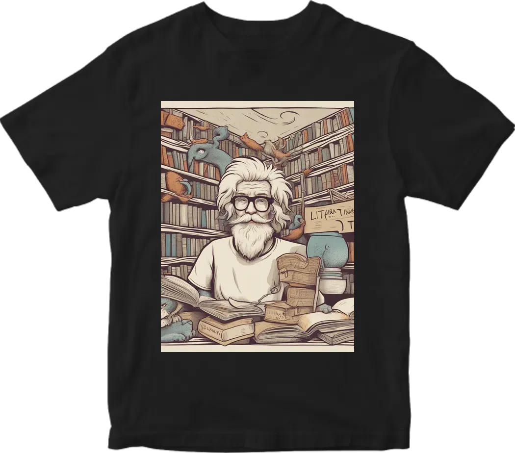 T shirt design for literary society named “LITMATICS” with a funny cartoon and text