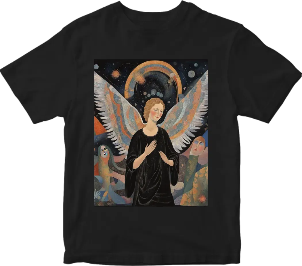 8k Dark black background of a figure and an angel descending from the sky towards open palms full of happiness and humility