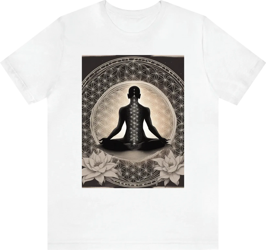 In the centre of the tshirt feature the flower of life with a human sitting in a meditative state with a rasiant light coming from the chest of the human surrounded by the 7 charakas