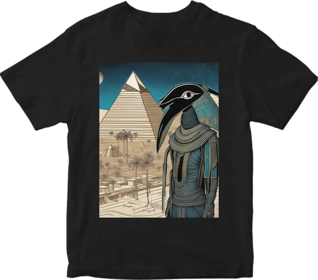 Thoth the atlantian with black finished beak dressed in armor  in realistic cosmic deep space setting over looking the building of the pyramids with Pyramids and palm tress and a touch