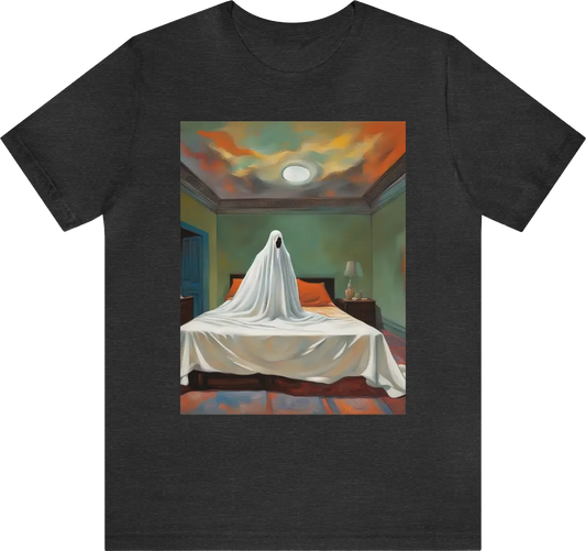 A man standing on a bed under a bed cover pretending to be a ghost