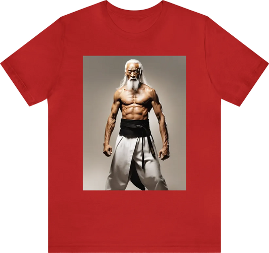 Full body ripped pai mei looking angry with out a shirt and black martial arts belt