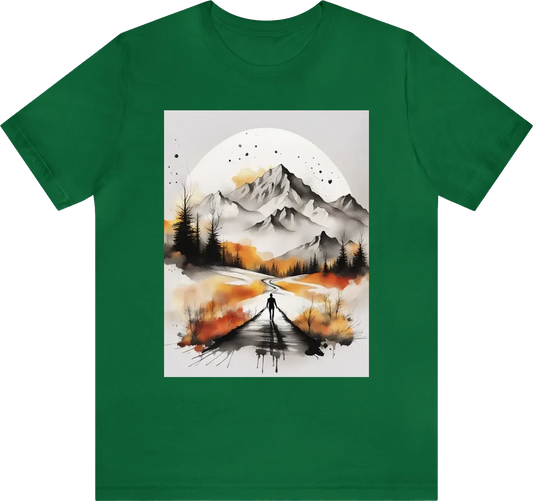 Ector t-shirt design, minimalistic ink drawing style, vanishing point on white paper, mountains and skeletons Double exposure watercolor splash, in black and white, but with only a few autumn color accent, art incorporated as complimentary elements, fashi