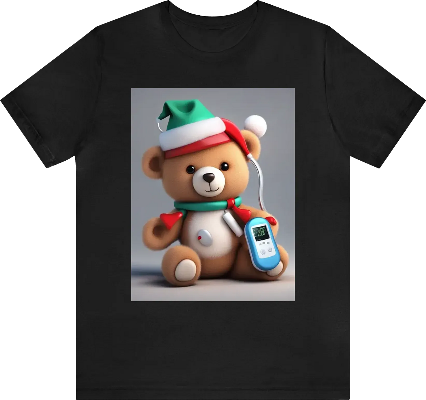 Cute 3d teddy bear wearing a christmas hat, and a glucose meter on its arm