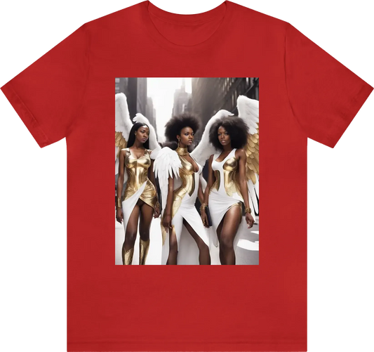 Create three beautiful  black female angels , dress in urban street wear with white and  gold  tones the    one noice hte huge  white wing  as the walk a busy nyc  sidewalk  thege