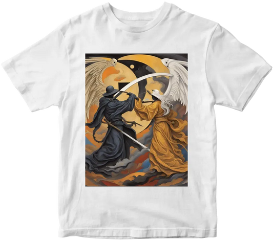 Angel wielding holy cross vs grim reaper wielding scythe facing each other in combat using with ying yang symbol