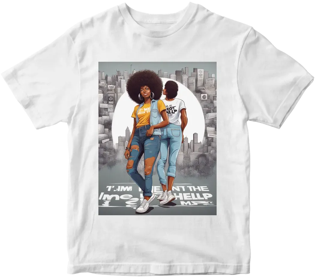 Full image of beautiful african american woman with an afro, wearing jean, white sneakers, t-shirt that says, I'm not the help! vector highly detailed, street art, vibrant, urban, detailed, tag, mural, white background