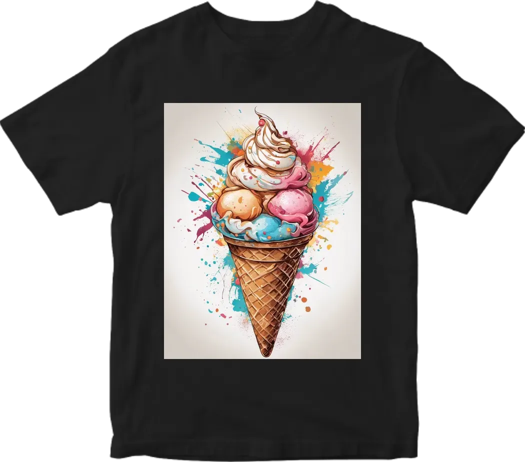 Scrumptious ice cream cone, grafiti style, joyful mood, creamy swirls and vibrant sprinkles. T-shirt design graphic, vector, contour, white background.