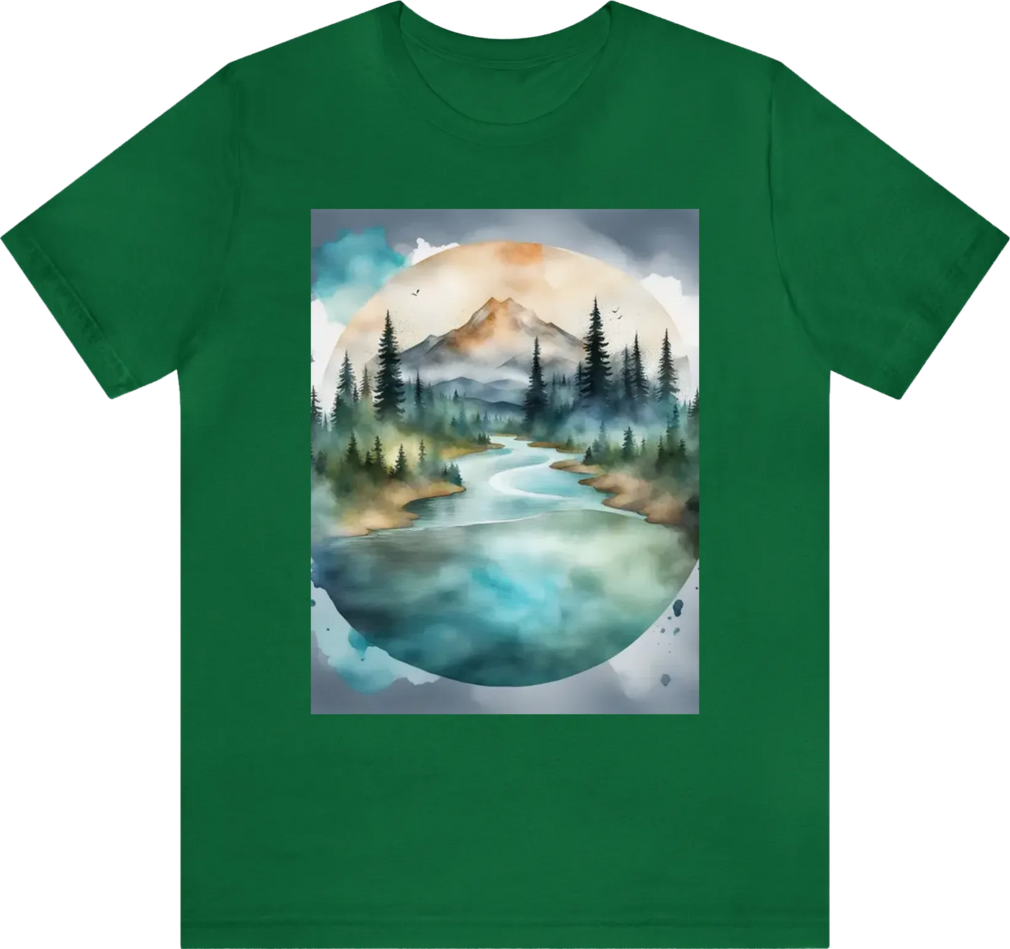 Double exposure of a river, natural scenery, watercolor art, tshirt design, text: "Adventure Awaits"