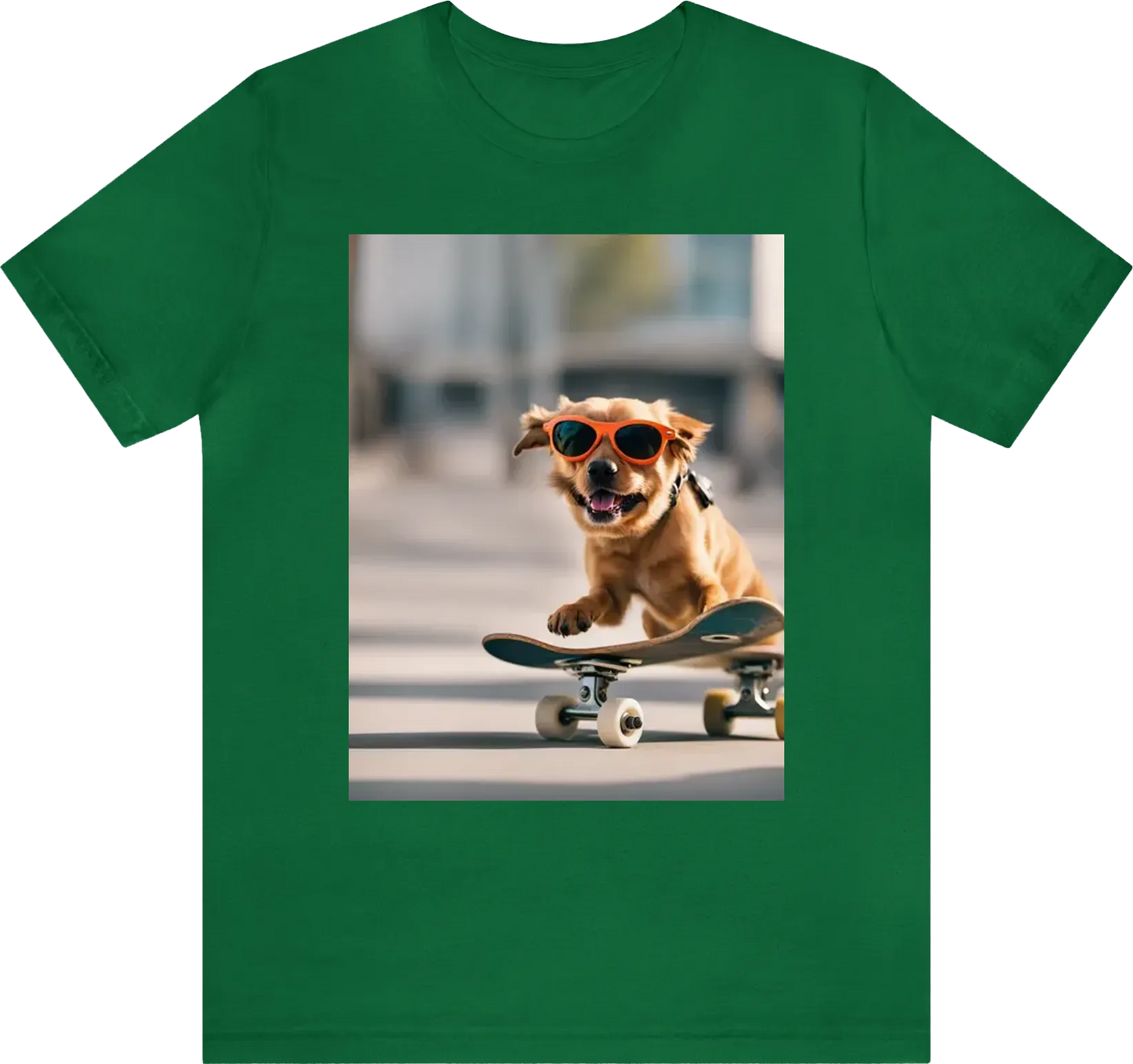 A dog wearing sunglasses and riding a skateboard