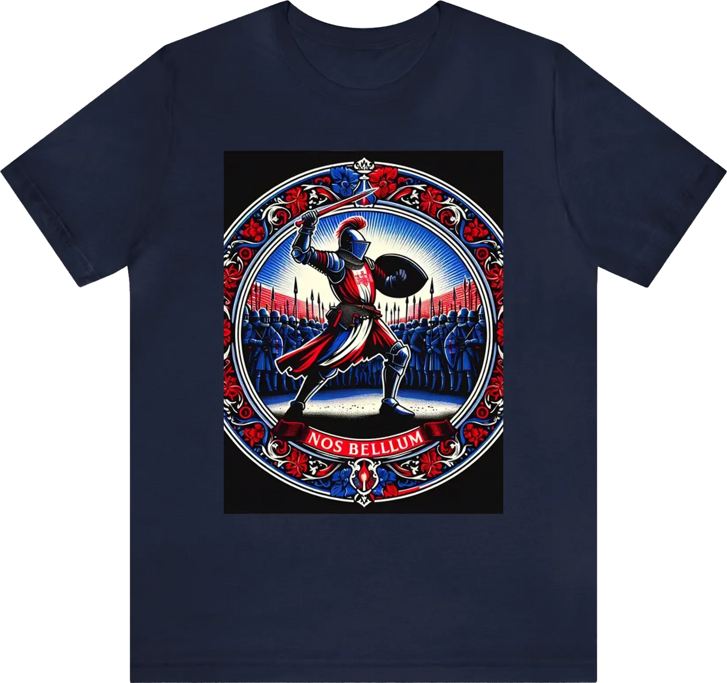 A silhouette of a knight within an army throwing a javelin at an enemy while wearing red/white/blue clothing with anoverall theme of Red and gold using ornate designs to make this the most regal shirt ever created. USE "NOS BELLUM" in the artwork. Reduce