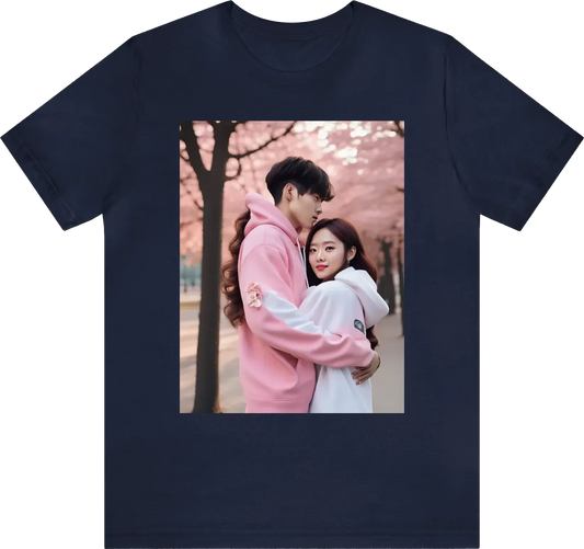 A man and a woman hugging each other, wearing a pastel pink hoodie, kim hyun joo, popular on instagram, set photo in costume, park background, with long curly