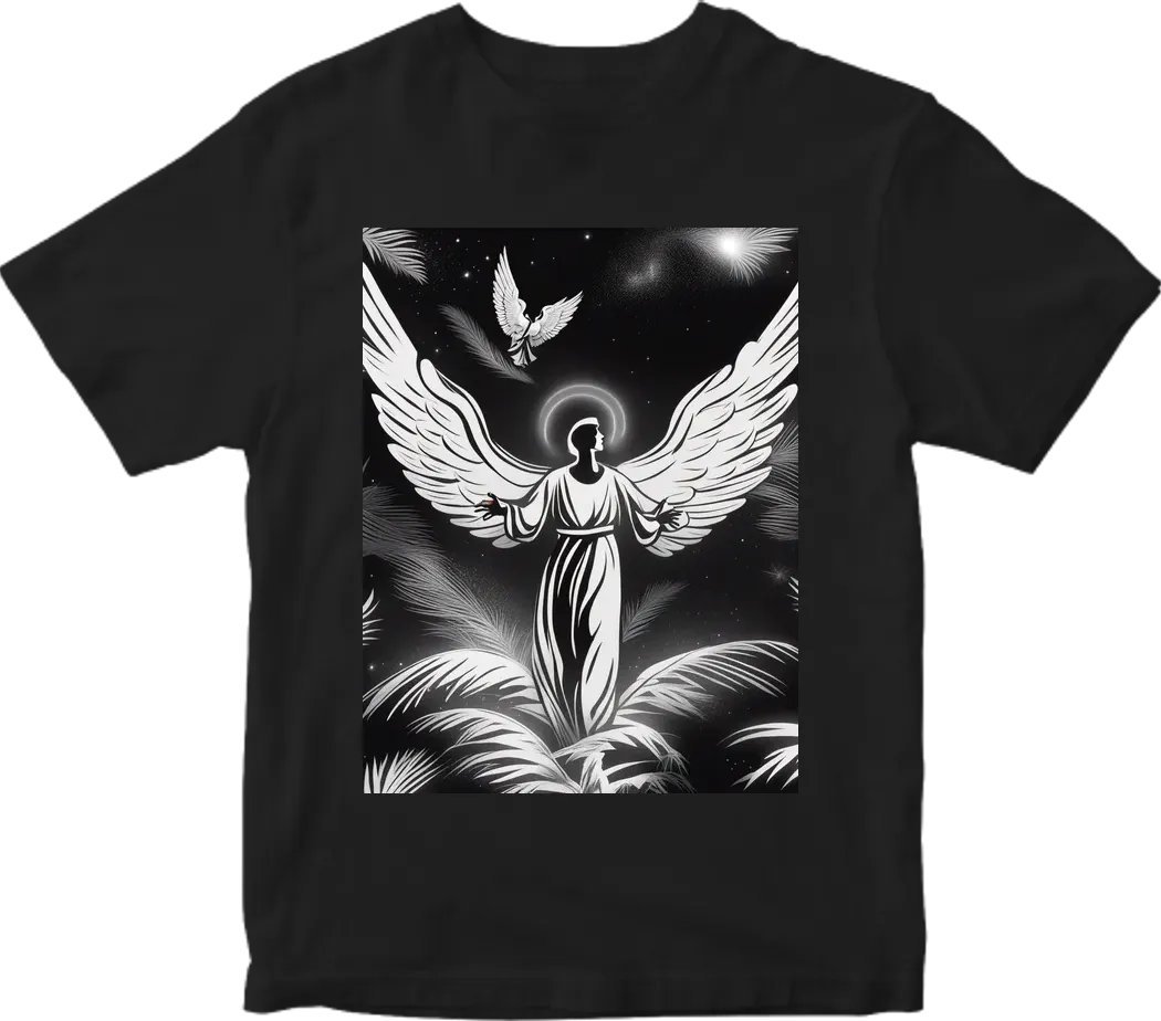 8k Dark black background of a figure and an angel descending from the sky towards open palms full of happiness and humility