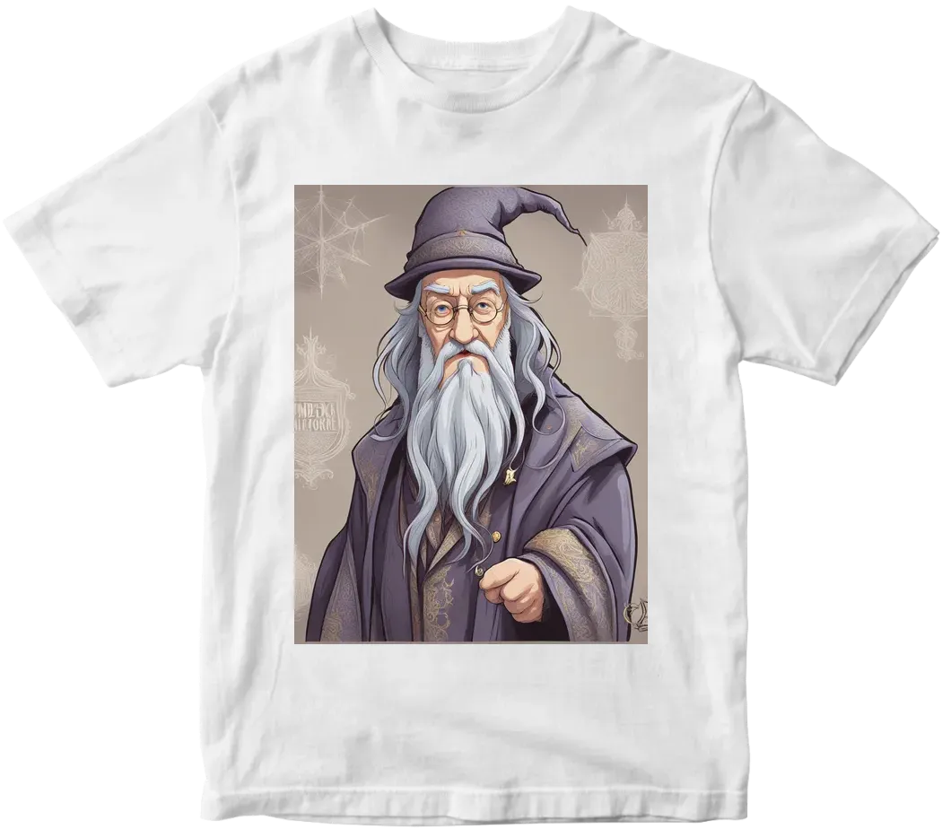 Dumbledore cartoon on back of T shirt