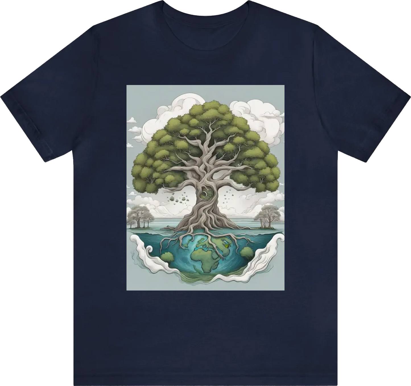 Create a T-shirt design that conveys a message about climate change in a beautiful and magnificent way. The design should feature the following elements:  An ancient and majestic tree as the central focal point, intricately detailed. Surrounding the tree,