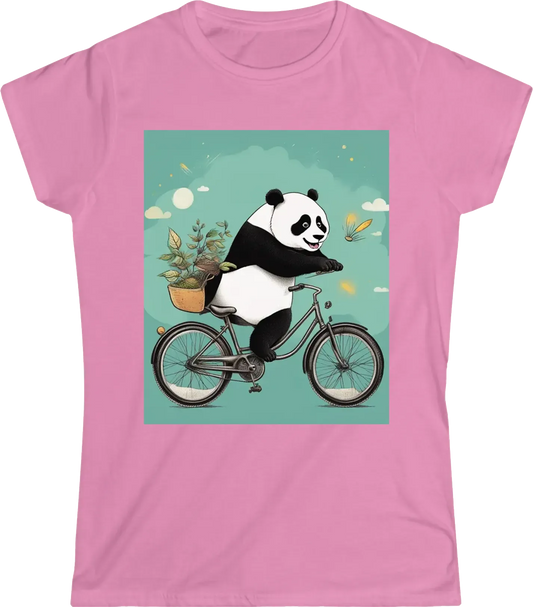 A panda riding a bicycle with a lighthearted phrase.