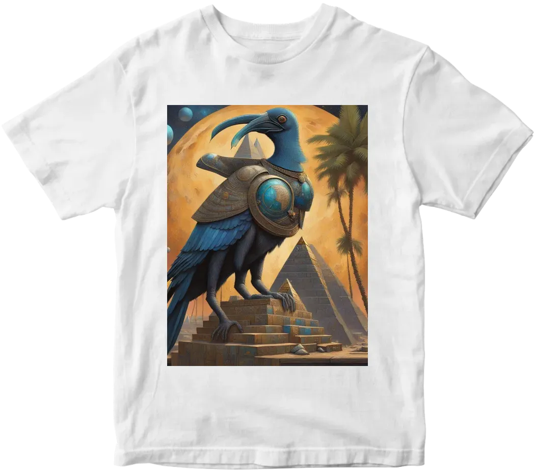 Thoth the atlantian with black finished beak dressed in armor  in realistic cosmic deep space setting with Pyramids and palm tress and a touch