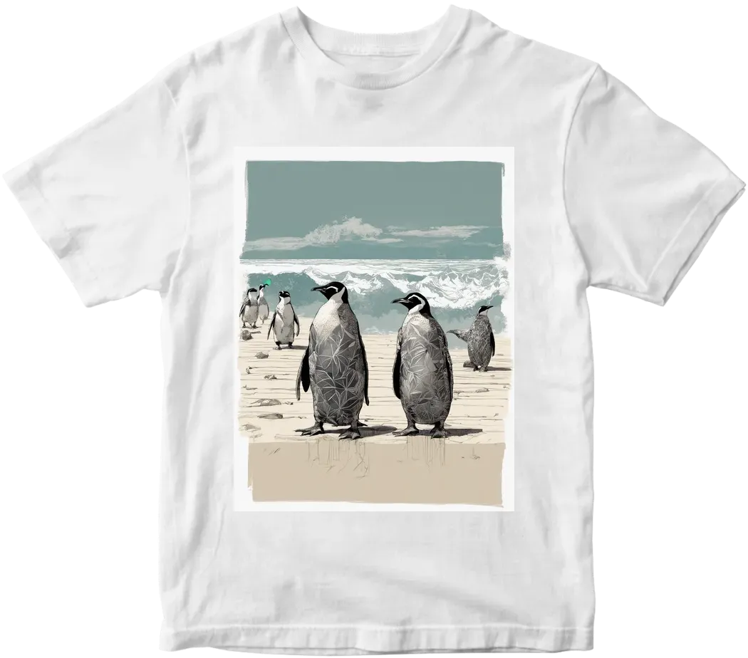 Penguins on beach in Hawaiian shirts
