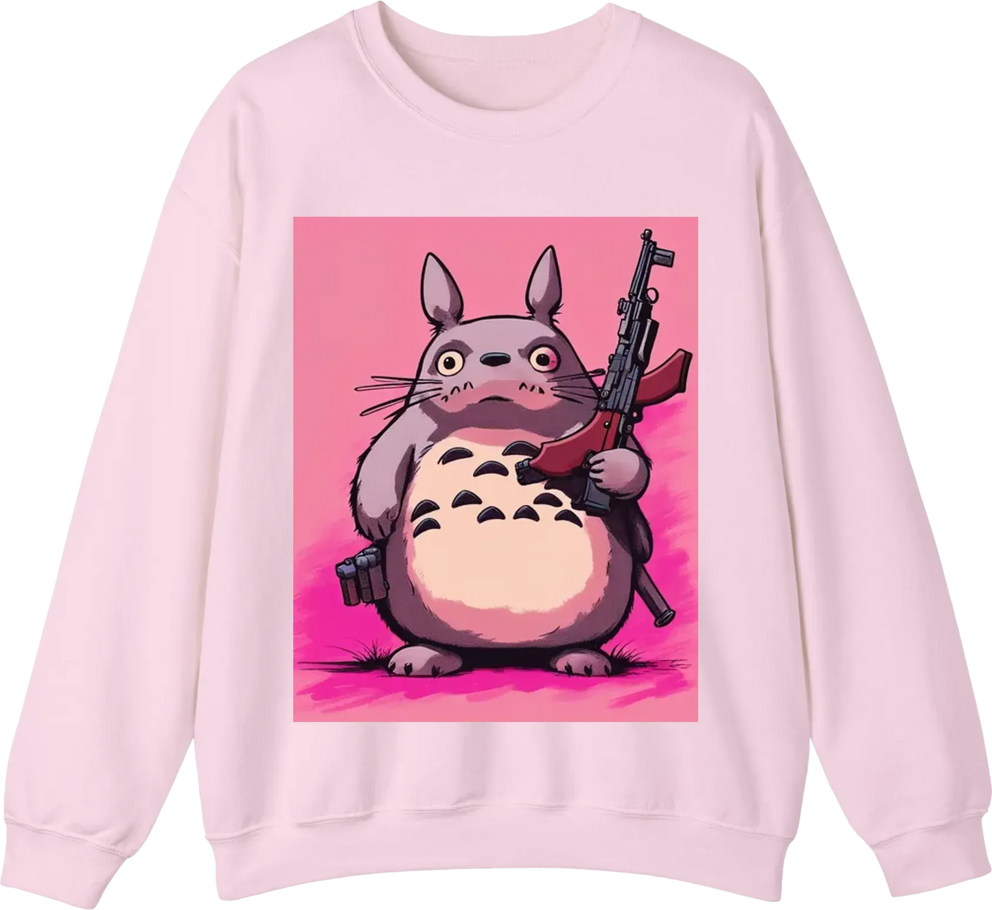 Totoro with a ak 47, pink background