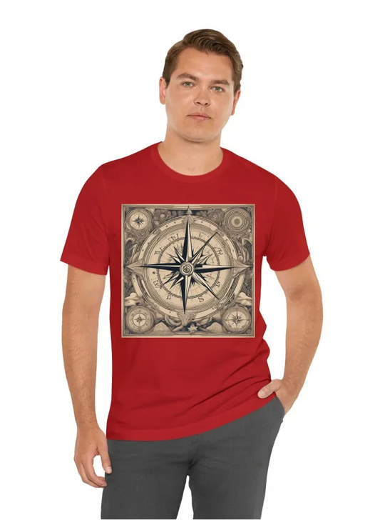 I want tshrt A vintage-style illustration of a compass rose surrounded by elements representing various modes of exploration (e.g., mountains, oceans, forests, stars, hot air balloons, ships, etc.). The compass rose should be prominently featured in the c