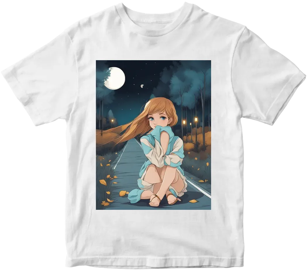 Tiffany art design of a cute young girl sitting alone on a road surrounded by trees, and moon in the background, night time