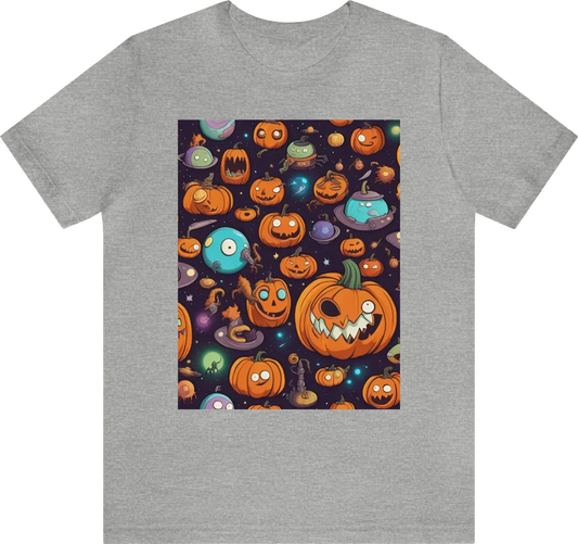 "Create a vivid and imaginative pumpkin universe image inspired by the wacky world of 'Rick and Morty.' Picture a pumpkin-shaped planet floating in space, populated by bizarre pumpkin creatures, and infused with the show's unique humor and sci-fi elements