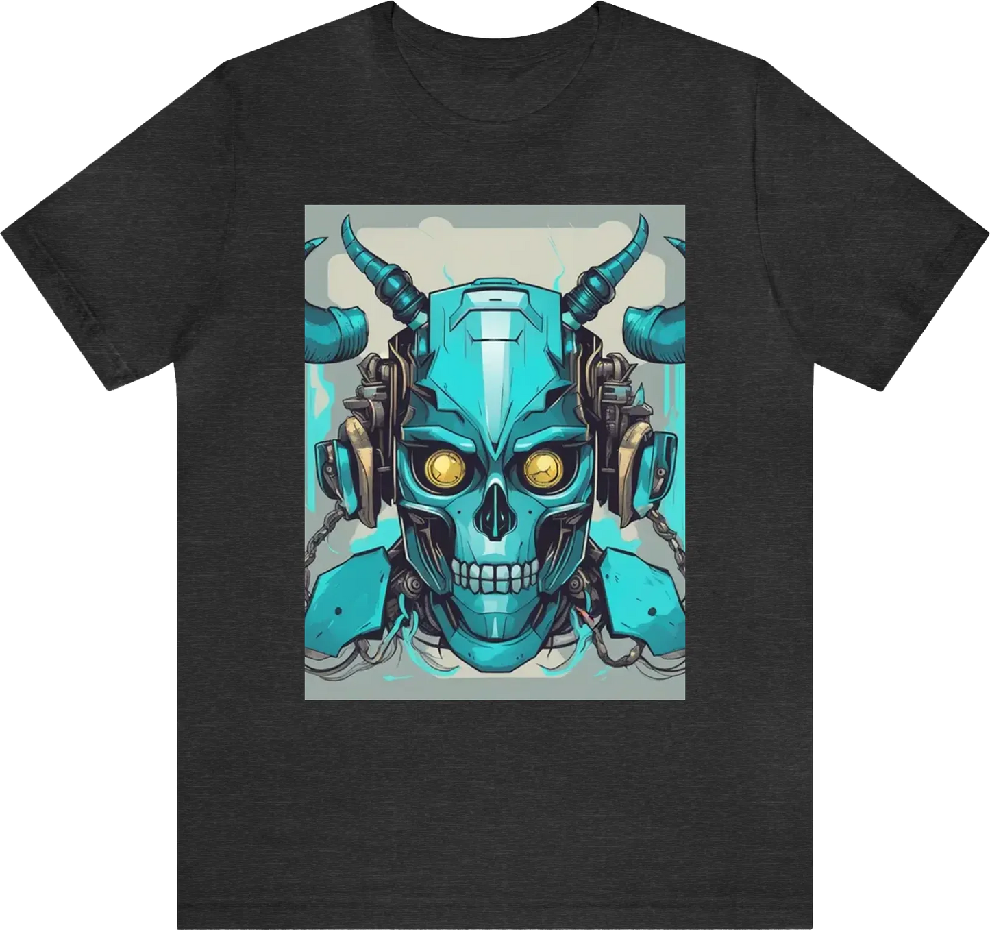 Robot with skull, metallic face, cyan lightning eyes, and horns , flat colors for screen printing