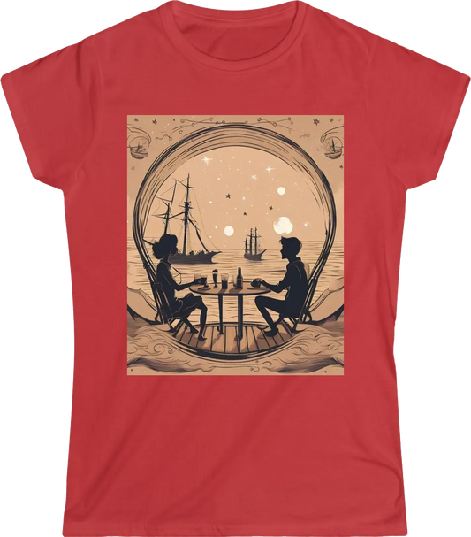 The texture of the kraft paper color background, within the frame around the center circle, there are cute young lovers having a drink under the starry sky on the deck of the schooner pirate ship, which is a line style. This is the cover design of an A5 n