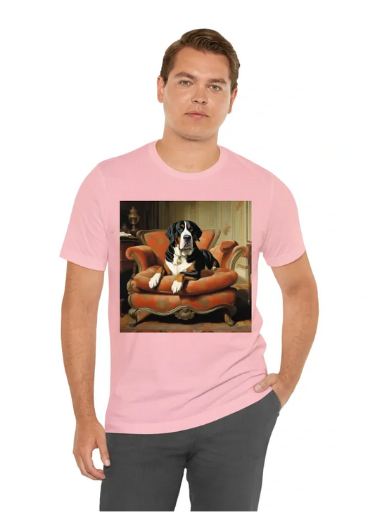 Adult great swiss mountain dog sitting in chesterfield chair