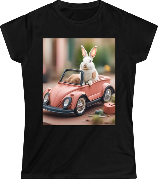 A rabbit sitting in a tiny convertible car