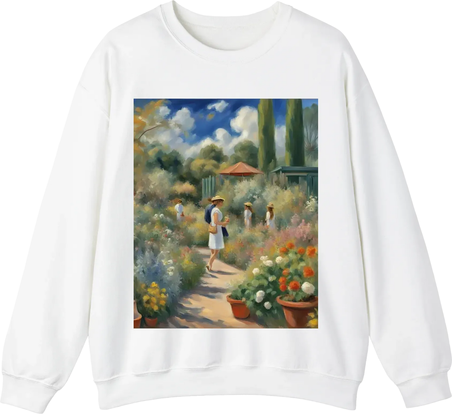 A hyper realistic impressionist paintings of a beautiful millennials contemporary garden in the style of Pierre-Auguste Renoir, visible brushstrokes, rough shading, visual intensity, emotional intensity, vivid, insanely beautiful, very stylish, solid tast