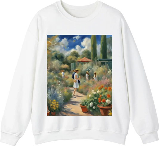 A hyper realistic impressionist paintings of a beautiful millennials contemporary garden in the style of Pierre-Auguste Renoir, visible brushstrokes, rough shading, visual intensity, emotional intensity, vivid, insanely beautiful, very stylish, solid tast