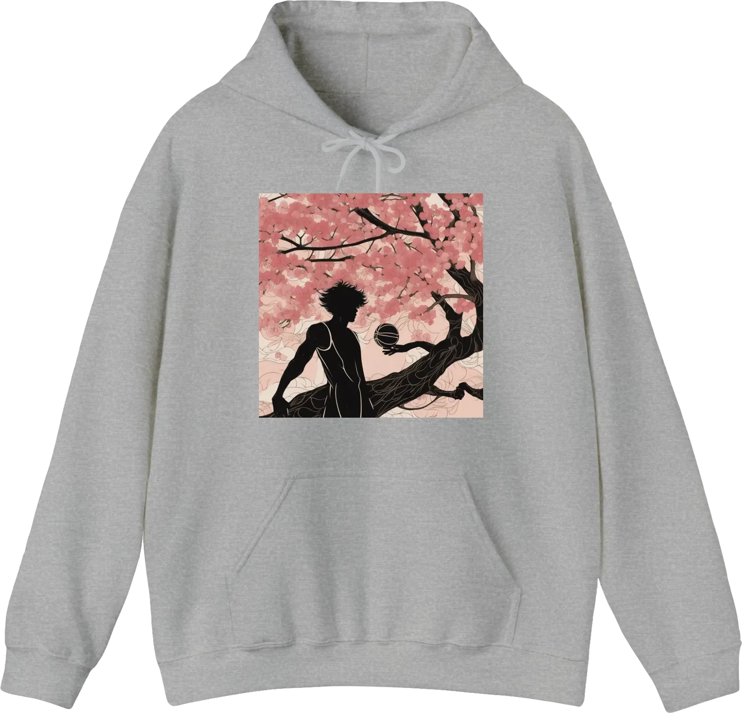 Shadow of a basketball player starring  standing in front of a cherry blossom tree