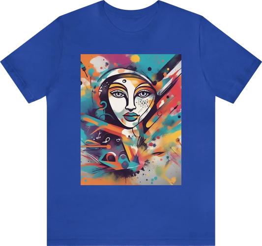 Craft an innovative t-shirt design that celebrates the spirit of creativity and artistic expression. Incorporate abstract shapes, splashes of vivid colors, and dynamic brushstrokes to symbolize the creative process. Consider integrating tools like paintbr
