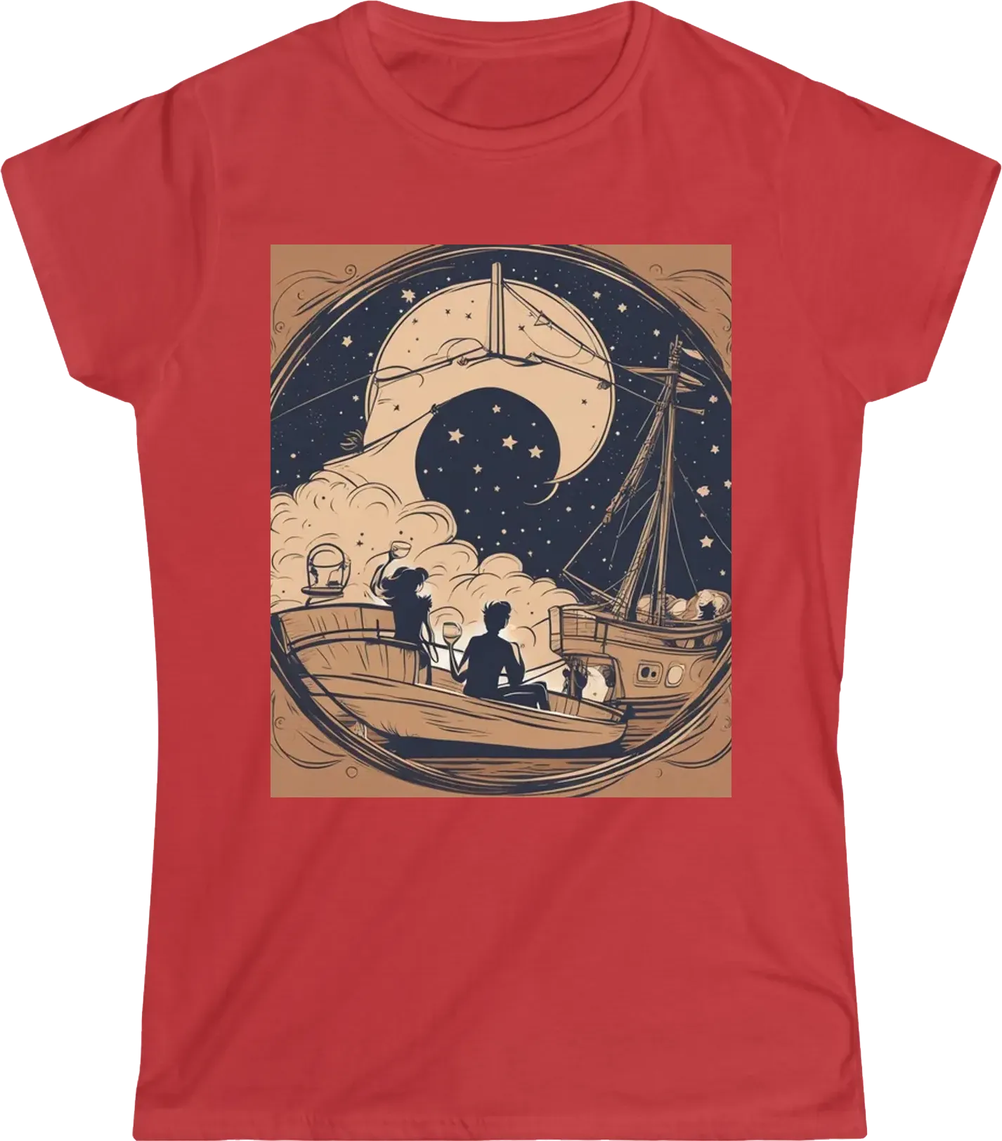 The texture of the kraft paper color background, within the frame around the center circle, there are cute young lovers having a drink under the starry sky on the deck of the schooner pirate ship, which is a line style. This is the cover design of an A5 n