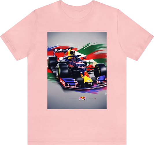 Create an image with a formula one car with the colors and logo of Redbull where Checo Perez drives it and in the background is the Mexican flag